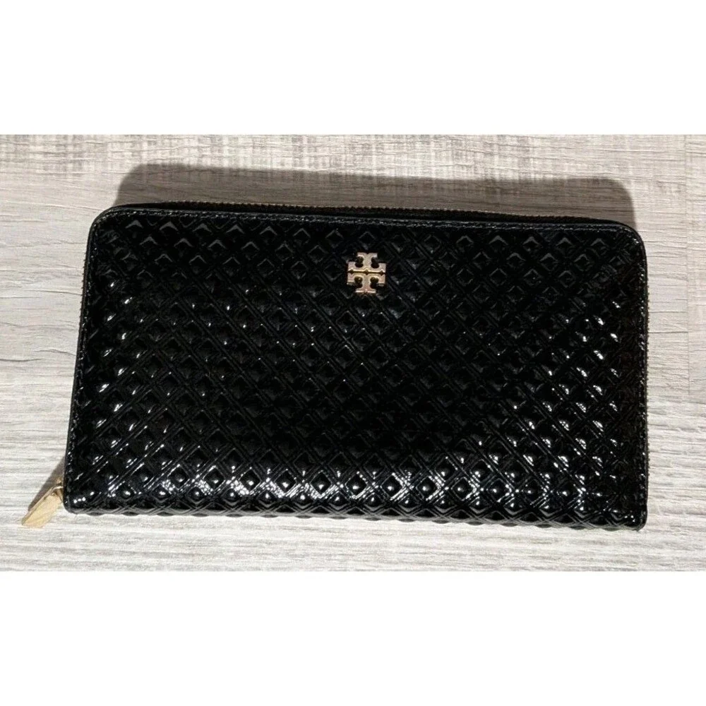TORY BURCH Marion Party Black Embossed Leather Continental Zip Wallet